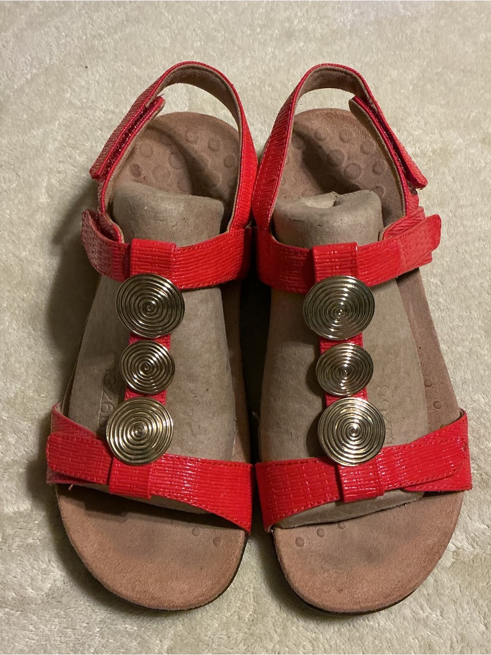 Vionic Red Slingback Sandals with Gold Circular Accents